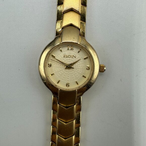 Elgin Watch Women Gold Tone Round 21MM Dial New Battery 7 Inch - Picture 1 of 15